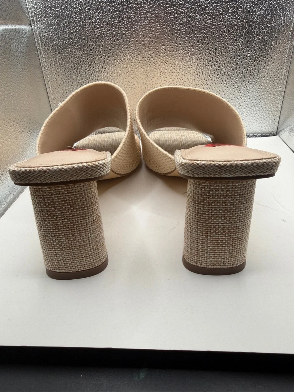 French Connection Knit Open-Toe Mule Heels in Beige